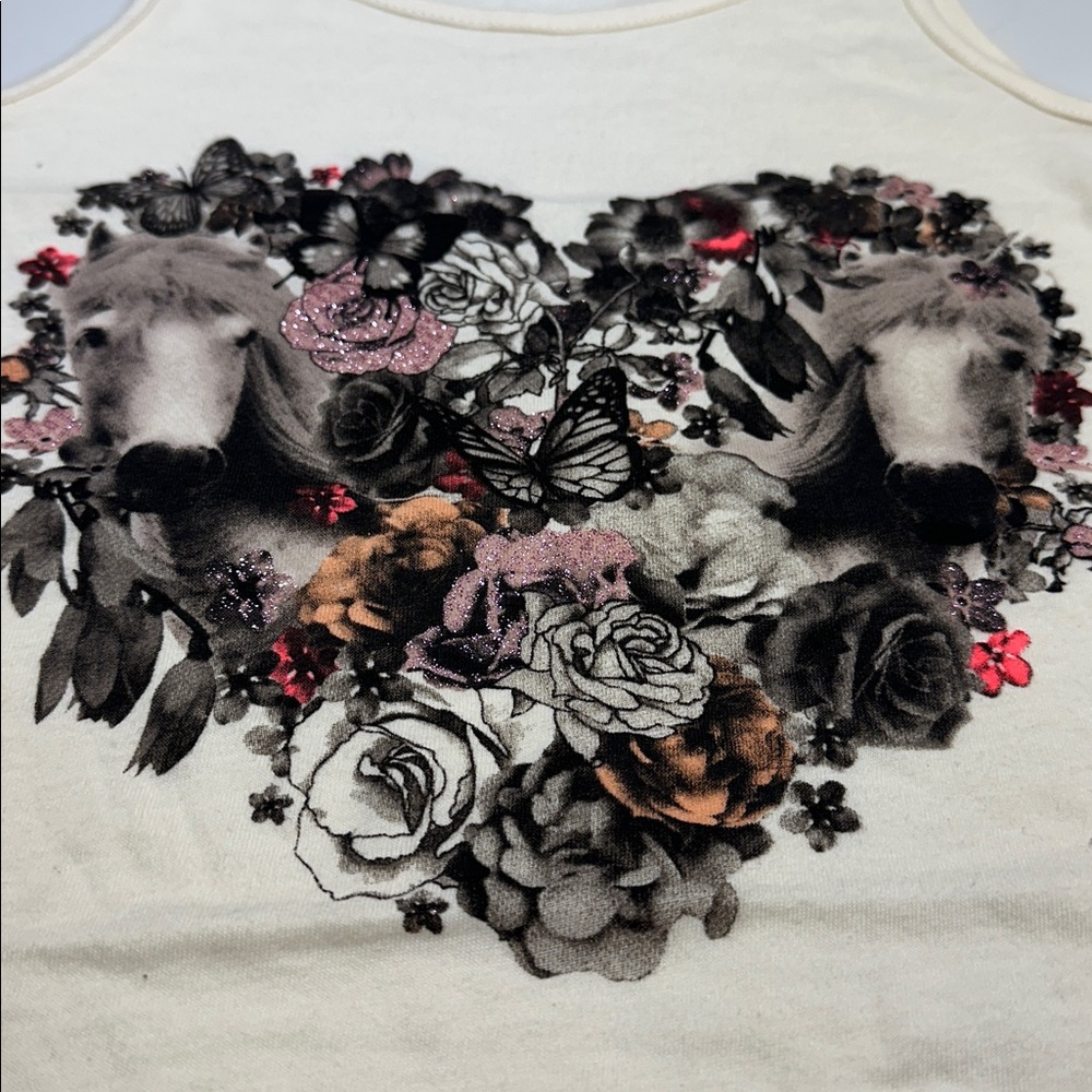 H & M SIZE 8-10 ~GIRLS CREAM SPARKLE FLORAL HORSE CREWNECK TANK TOP~SHIRT - Picture 3 of 13
